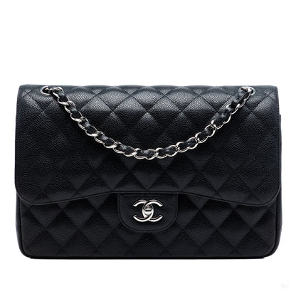 Second hand Chanel Classic Double Flap Jumbo Matelassè Caviar Leather Flap Handbag Black - Tabita Bags