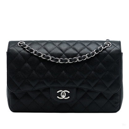 Second hand Chanel Classic Double Flap Jumbo Matelassè Caviar Leather Flap Handbag Black - Tabita Bags