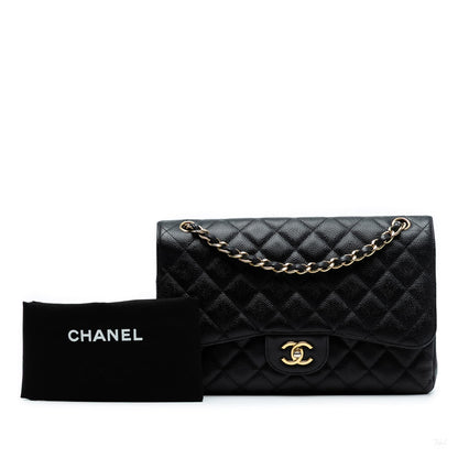 Second hand Chanel Classic Double Flap Jumbo Matelassè Caviar Leather Flap Handbag Black - Tabita Bags