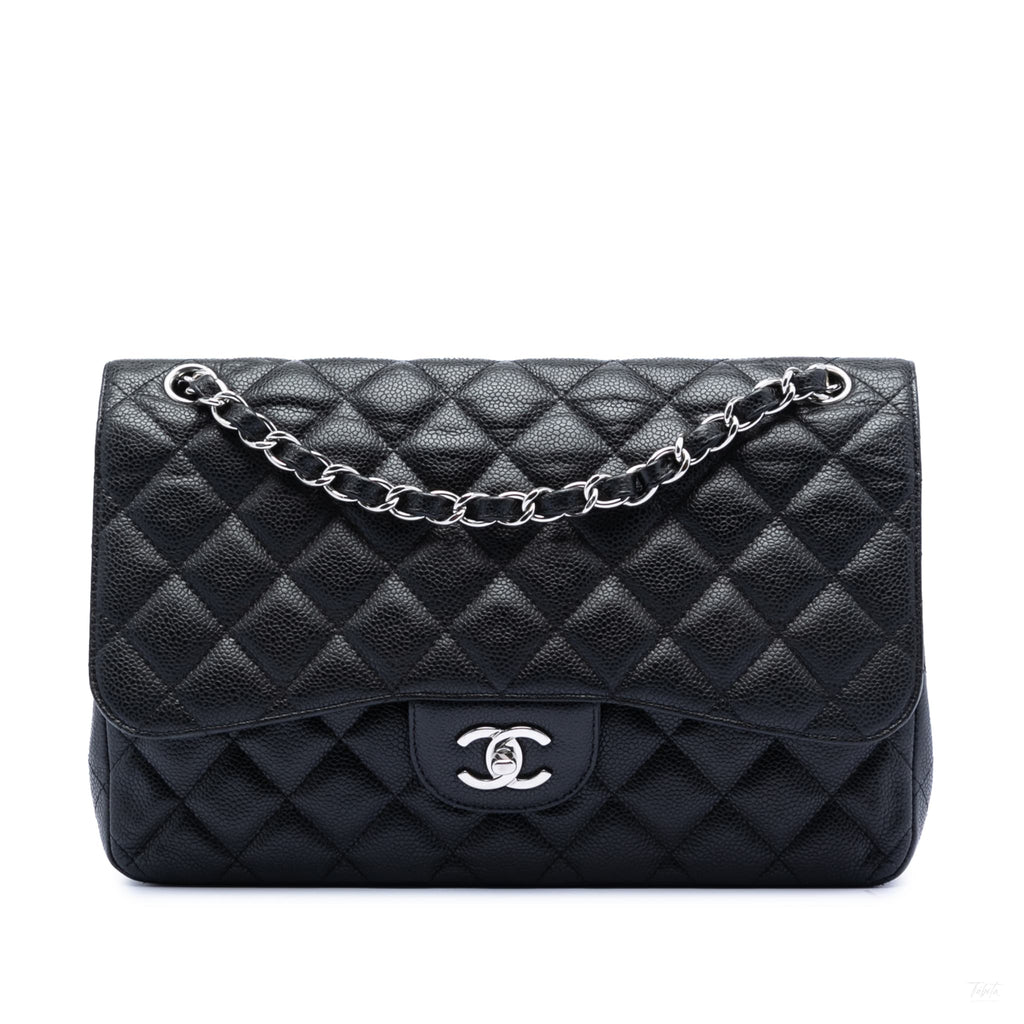 Second hand Chanel Classic Double Flap Jumbo Matelassè Caviar Leather Flap Handbag Black - Tabita Bags