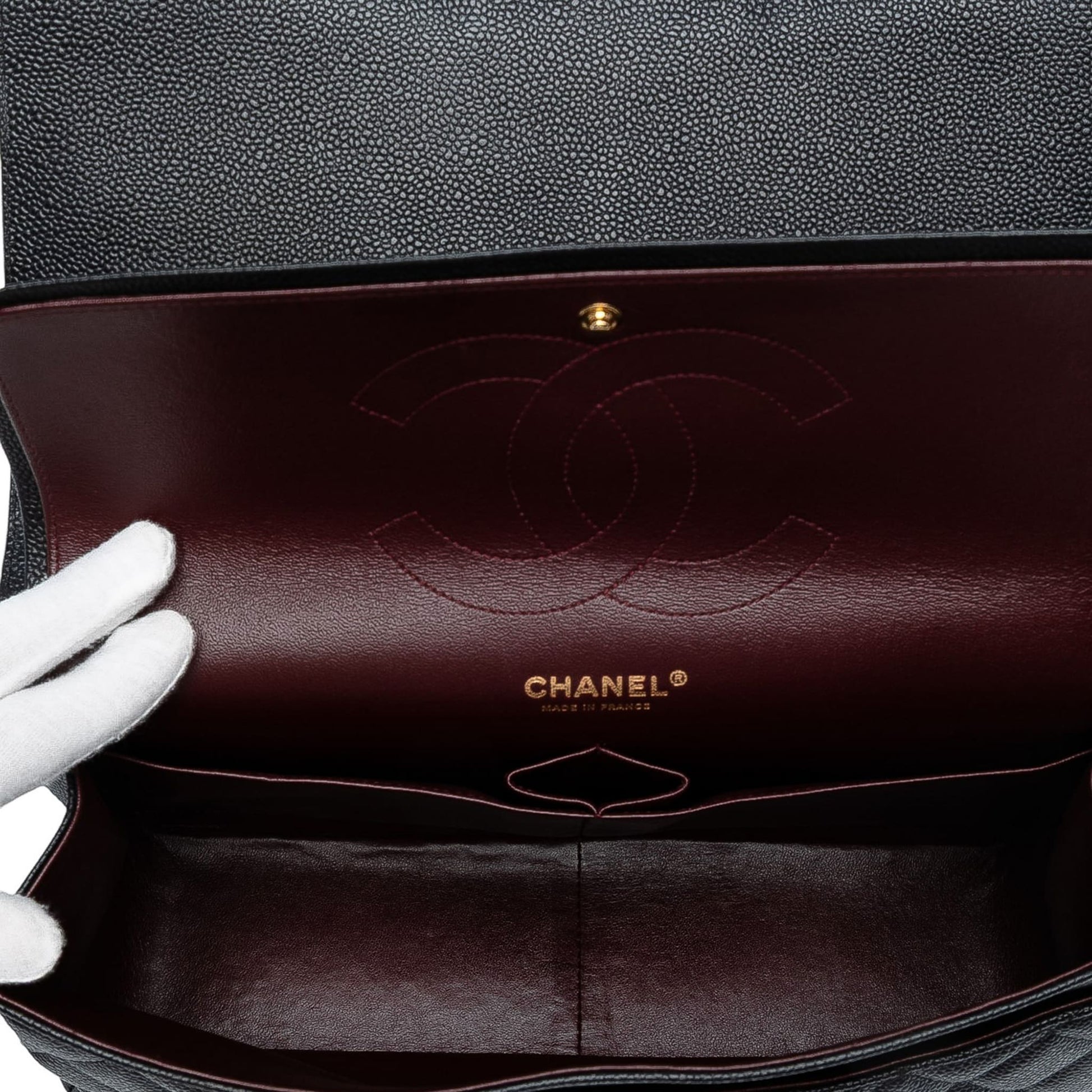 Second hand Chanel Classic Double Flap Jumbo Matelassè Caviar Leather Flap Handbag Black - Tabita Bags