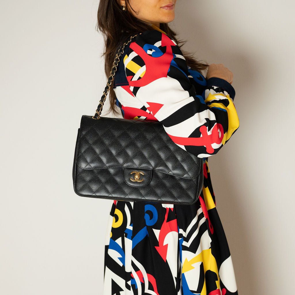 Second hand Chanel Classic Double Flap Jumbo Matelassè Caviar Leather Flap Handbag Black - Tabita Bags