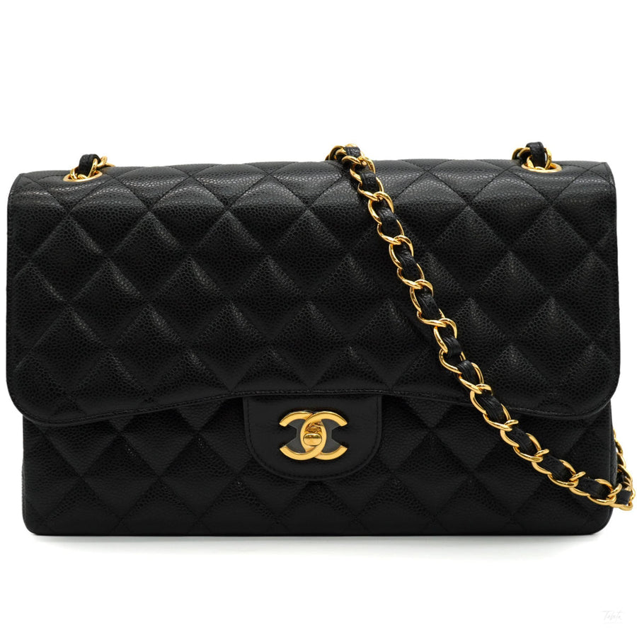 Second hand Chanel Classic Double Flap Jumbo Matelassè Caviar Leather Flap Handbag Black - Tabita Bags
