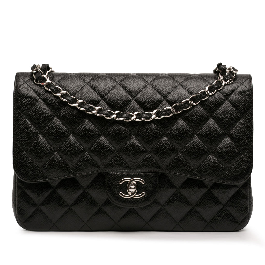 Second hand Chanel Classic Double Flap Jumbo Matelassè Caviar Leather Flap Handbag Black - Tabita Bags