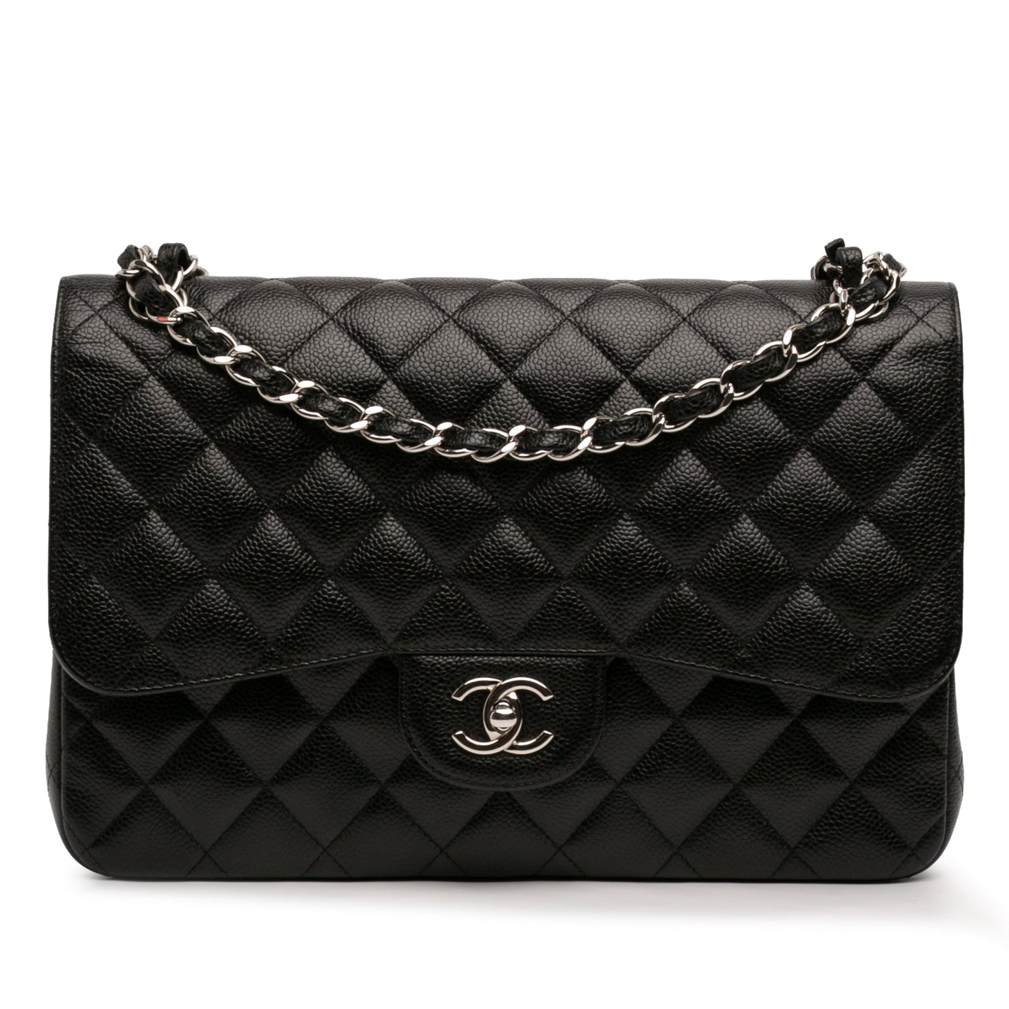 Second hand Chanel Classic Double Flap Jumbo Matelassè Caviar Leather Flap Handbag Black - Tabita Bags