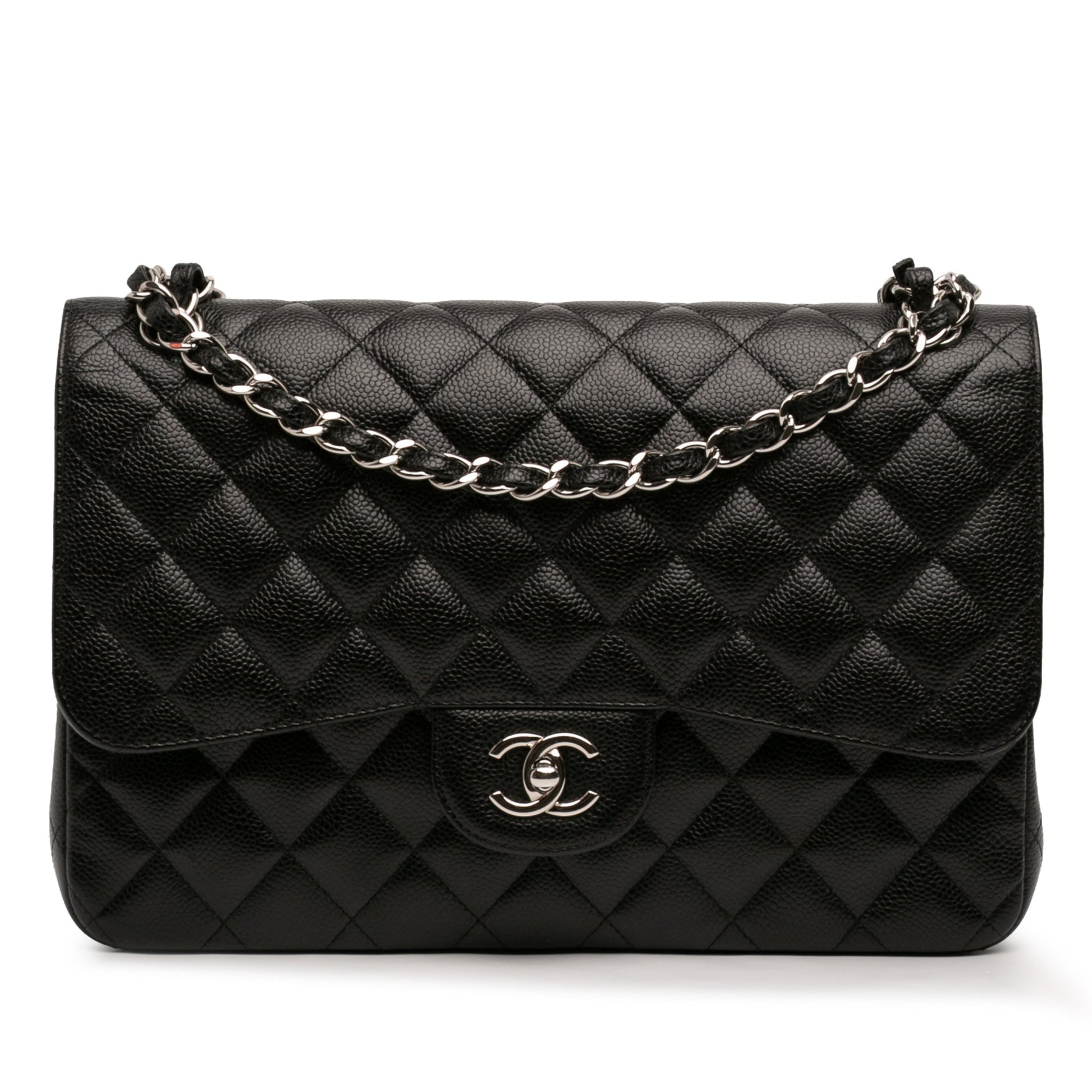 Second hand Chanel Classic Double Flap Jumbo Matelassè Caviar Leather Flap Handbag Black - Tabita Bags