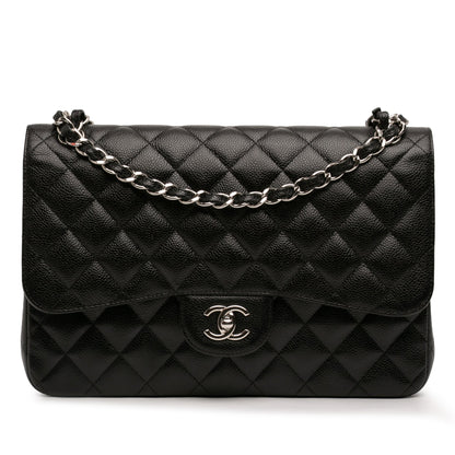 Second hand Chanel Classic Double Flap Jumbo Matelassè Caviar Leather Flap Handbag Black - Tabita Bags