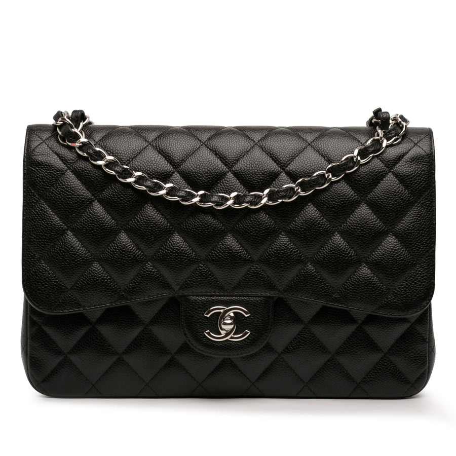 Second hand Chanel Classic Double Flap Jumbo Matelassè Caviar Leather Flap Handbag Black - Tabita Bags