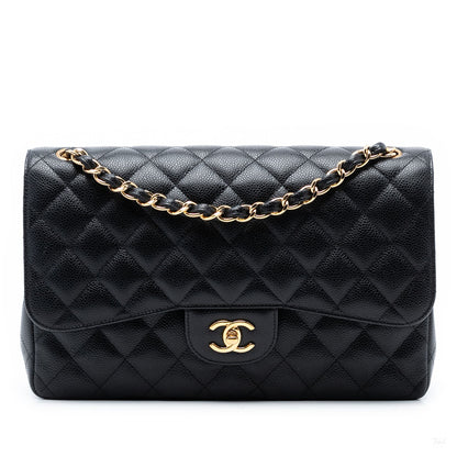 Second hand Chanel Classic Double Flap Jumbo Matelassè Caviar Leather Flap Handbag Black - Tabita Bags