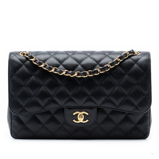 Second hand Chanel Classic Double Flap Jumbo Matelassè Caviar Leather Flap Handbag Black - Tabita Bags