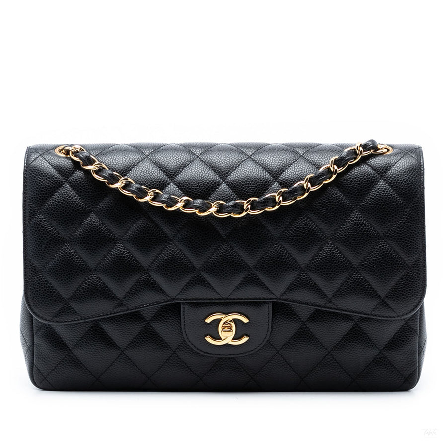 Second hand Chanel Classic Double Flap Jumbo Matelassè Caviar Leather Flap Handbag Black - Tabita Bags