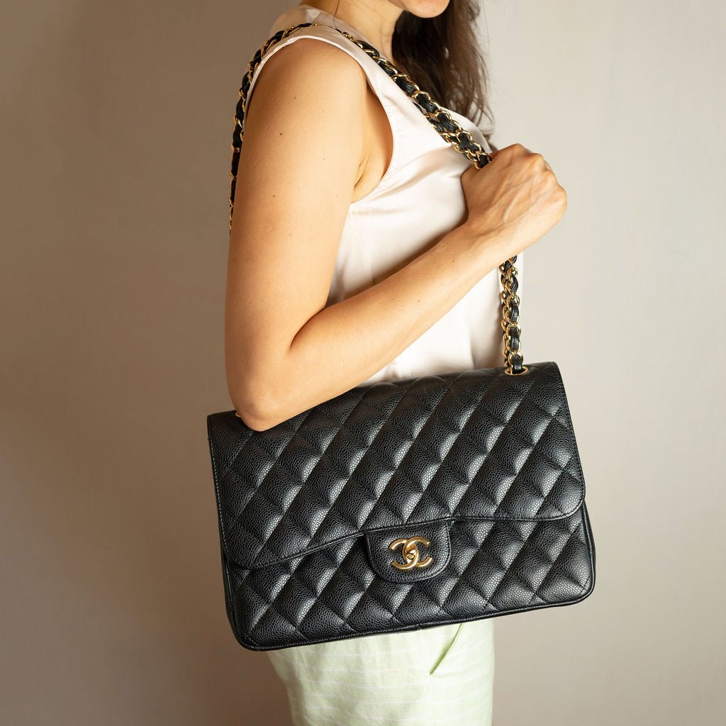 Second hand Chanel Classic Double Flap Jumbo Matelassè Caviar Leather Flap Handbag Black - Tabita Bags