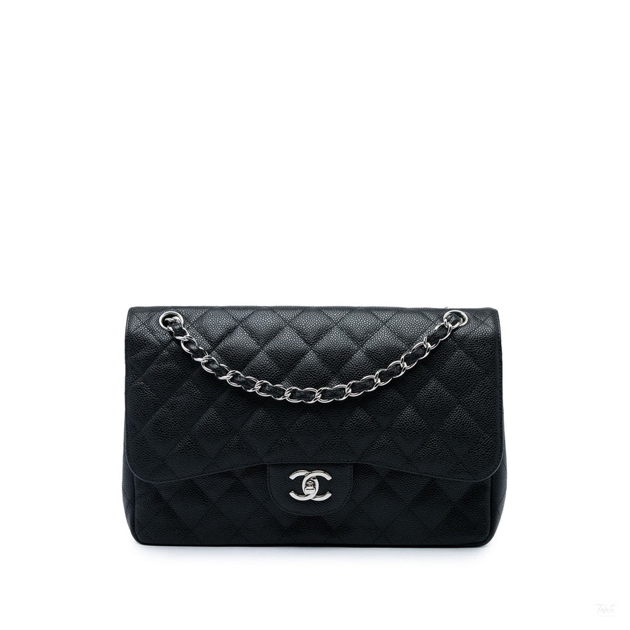 Second hand Chanel Classic Double Flap Jumbo Matelassè Caviar Leather Flap Handbag Black - Tabita Bags