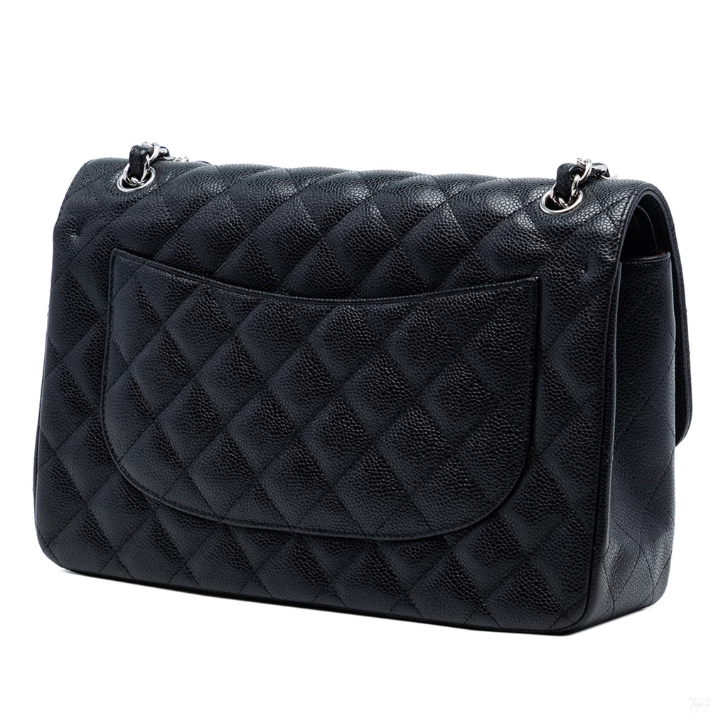 Second hand Chanel Classic Double Flap Jumbo Matelassè Caviar Leather Flap Handbag Black - Tabita Bags
