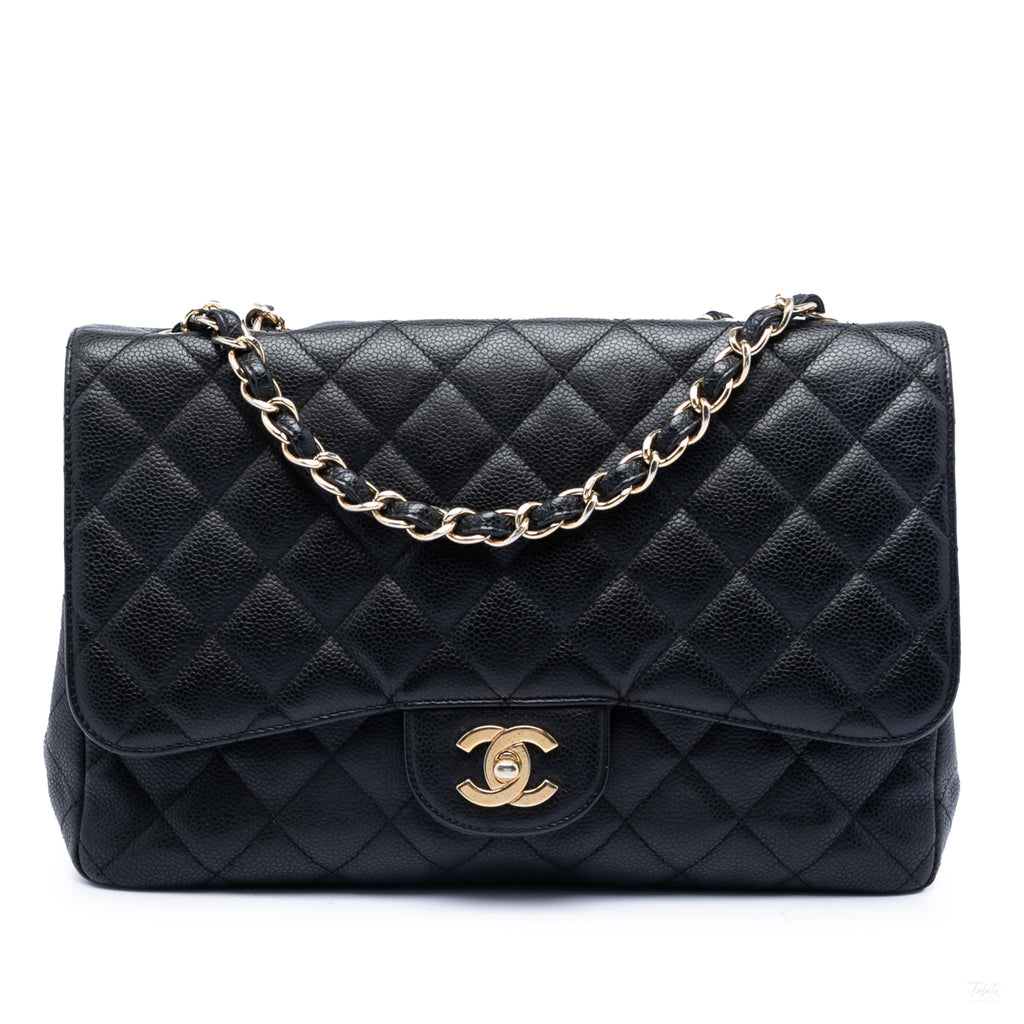 Second hand Chanel Classic Double Flap Jumbo Matelassè Caviar Leather Flap Handbag Black - Tabita Bags