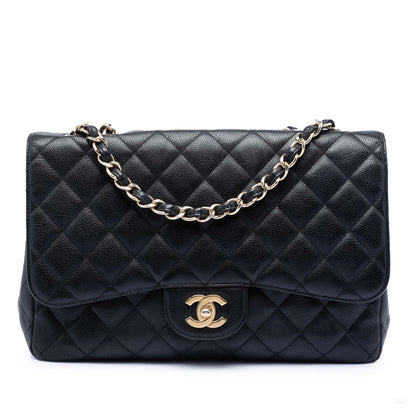 Second hand Chanel Classic Double Flap Jumbo Matelassè Caviar Leather Flap Handbag Black - Tabita Bags
