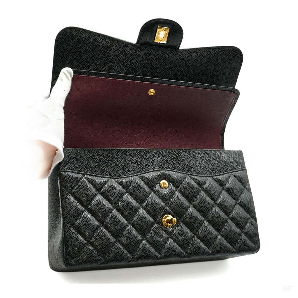 Second hand Chanel Classic Double Flap Jumbo Matelassè Caviar Leather Flap Handbag Black - Tabita Bags
