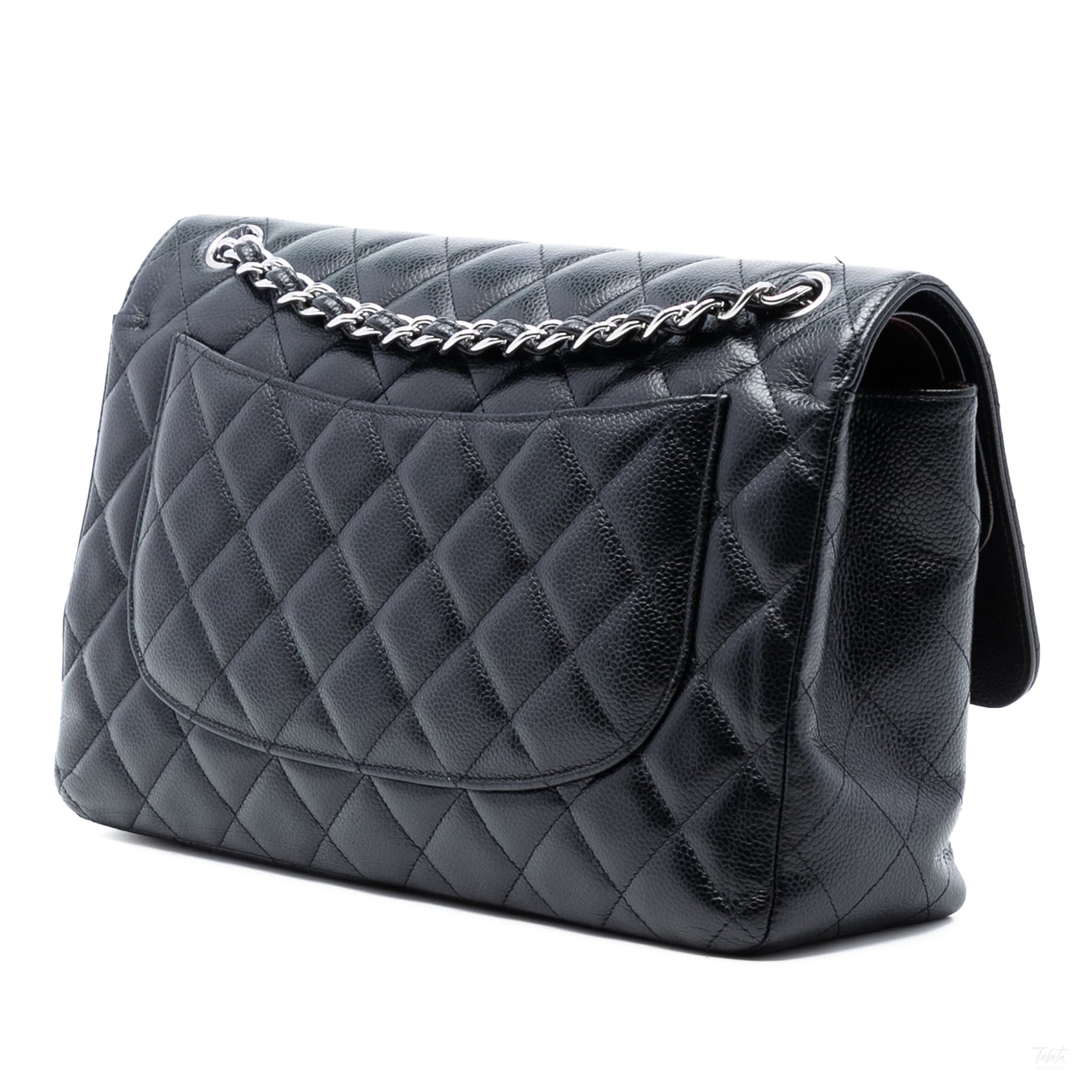 Second hand Chanel Classic Double Flap Jumbo Matelassè Caviar Leather Flap Handbag Black - Tabita Bags