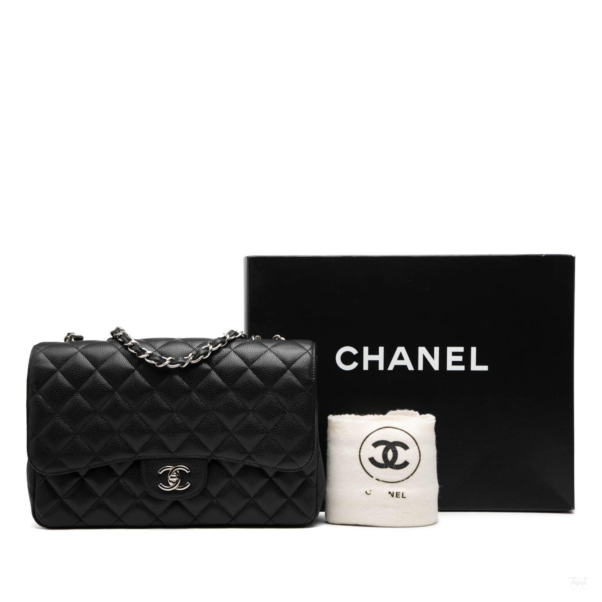 Second hand Chanel Classic Double Flap Jumbo Matelassè Caviar Leather Flap Handbag Black - Tabita Bags