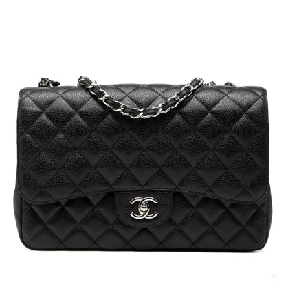Second hand Chanel Classic Double Flap Jumbo Matelassè Caviar Leather Flap Handbag Black - Tabita Bags