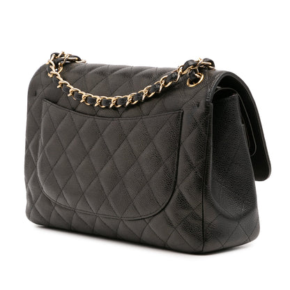 Second hand Chanel Classic Double Flap Jumbo Matelassè Caviar Leather Flap Handbag Black - Tabita Bags