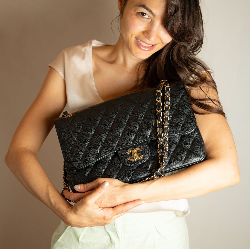 Second hand Chanel Classic Double Flap Jumbo Matelassè Caviar Leather Flap Handbag Black - Tabita Bags