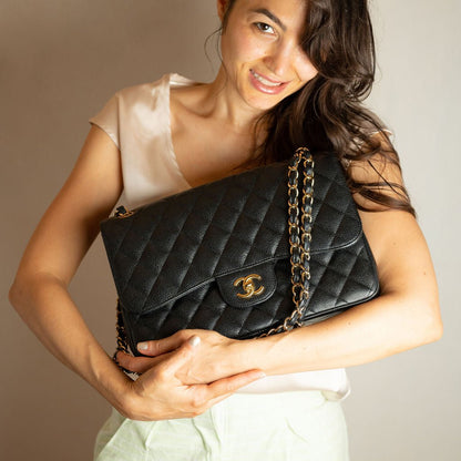 Second hand Chanel Classic Double Flap Jumbo Matelassè Caviar Leather Flap Handbag Black - Tabita Bags