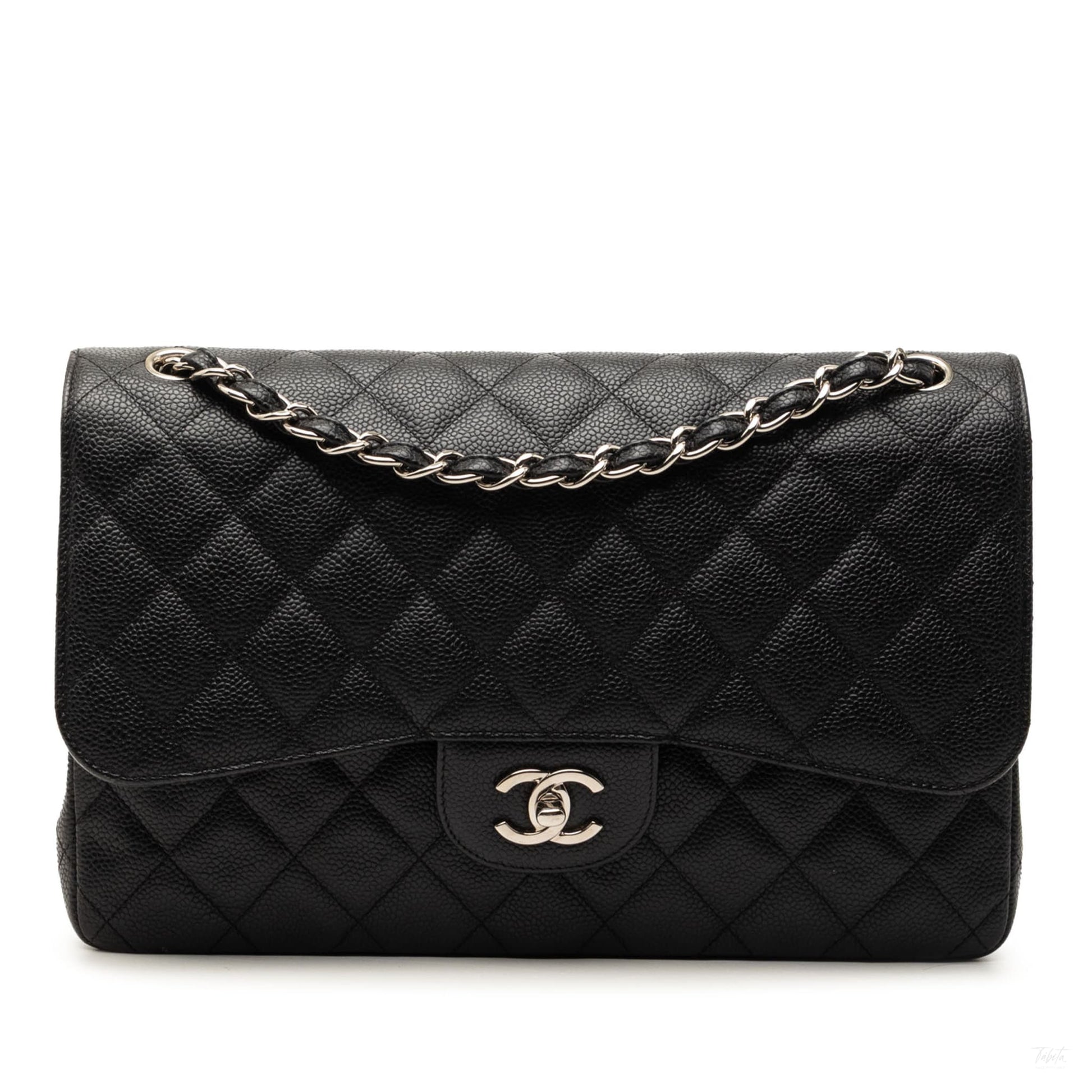 Second hand Chanel Classic Double Flap Jumbo Matelassè Caviar Leather Flap Handbag Black - Tabita Bags