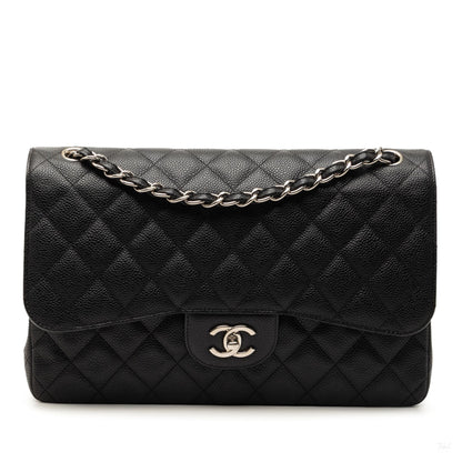 Second hand Chanel Classic Double Flap Jumbo Matelassè Caviar Leather Flap Handbag Black - Tabita Bags