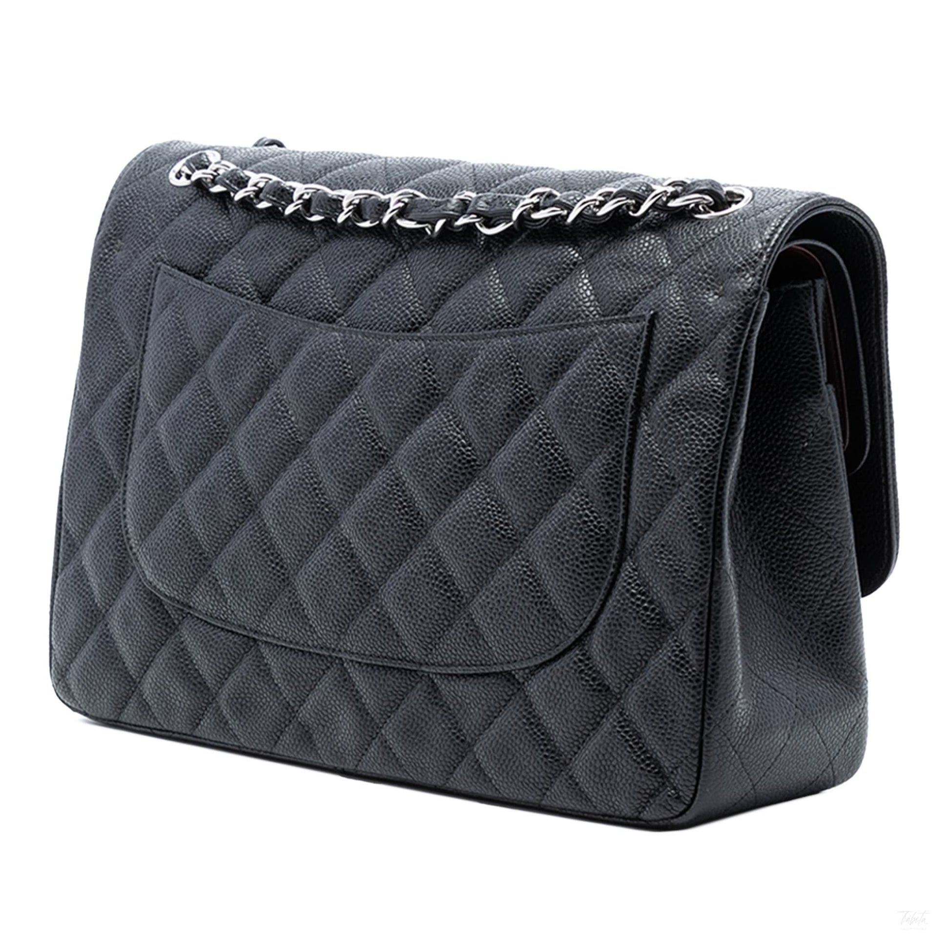 Second hand Chanel Classic Double Flap Jumbo Matelassè Caviar Leather Flap Handbag Black - Tabita Bags