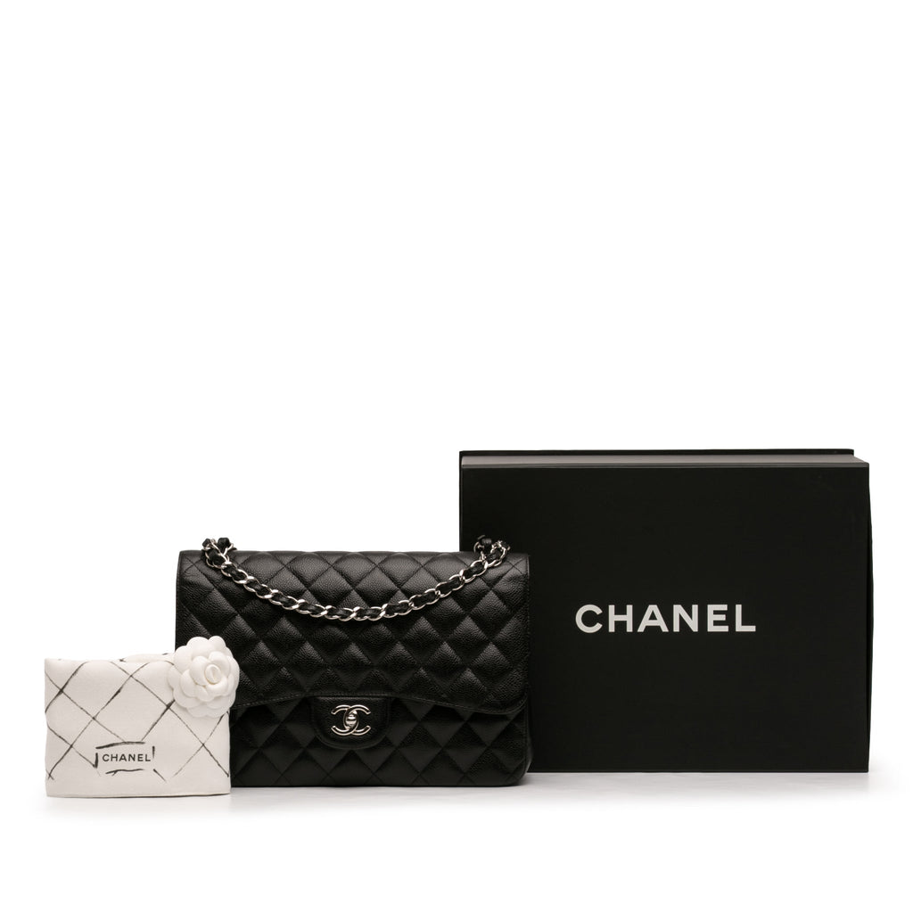 Second hand Chanel Classic Double Flap Jumbo Matelassè Caviar Leather Flap Handbag Black - Tabita Bags