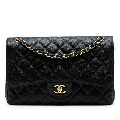 Second hand Chanel Classic Double Flap Jumbo Matelassè Caviar Leather Flap Handbag Black - Tabita Bags
