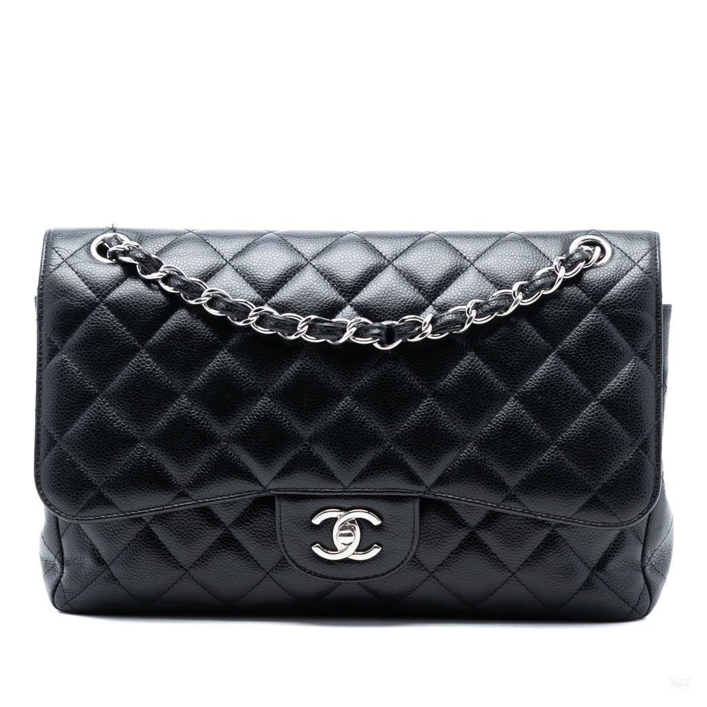 Second hand Chanel Classic Double Flap Jumbo Matelassè Caviar Leather Flap Handbag Black - Tabita Bags