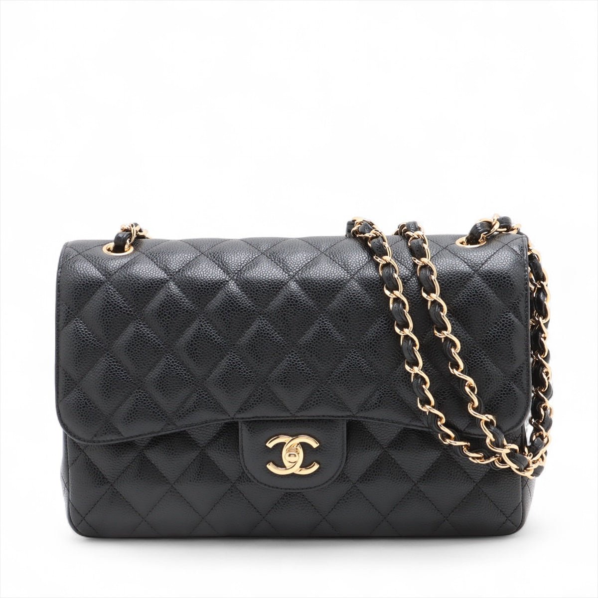 Second hand Chanel Classic Double Flap Jumbo Matelassè Caviar Leather Flap Handbag Black - Tabita Bags