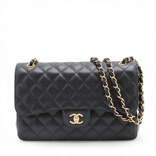 Second hand Chanel Classic Double Flap Jumbo Matelassè Caviar Leather Flap Handbag Black - Tabita Bags