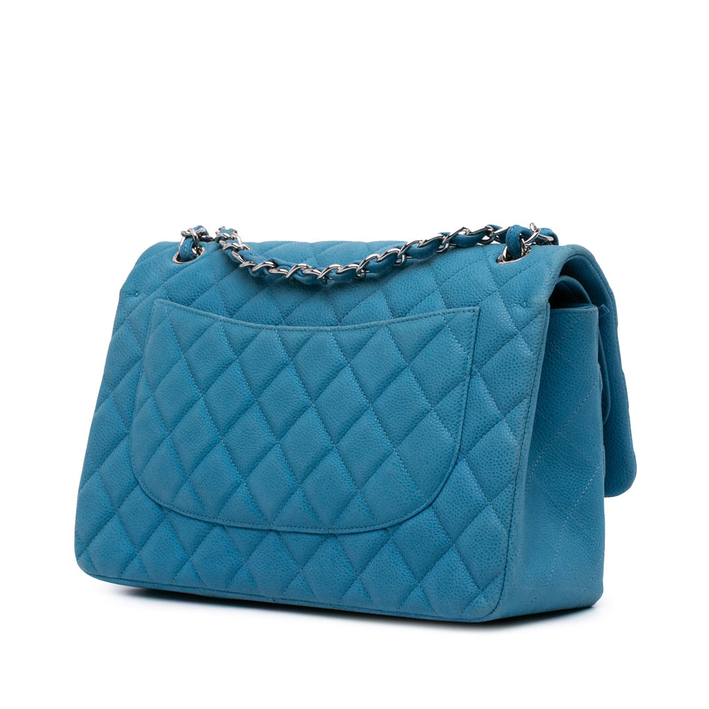 Second hand Chanel Classic Double Flap Jumbo Matelassè Caviar Leather Flap Handbag Blue - Tabita Bags