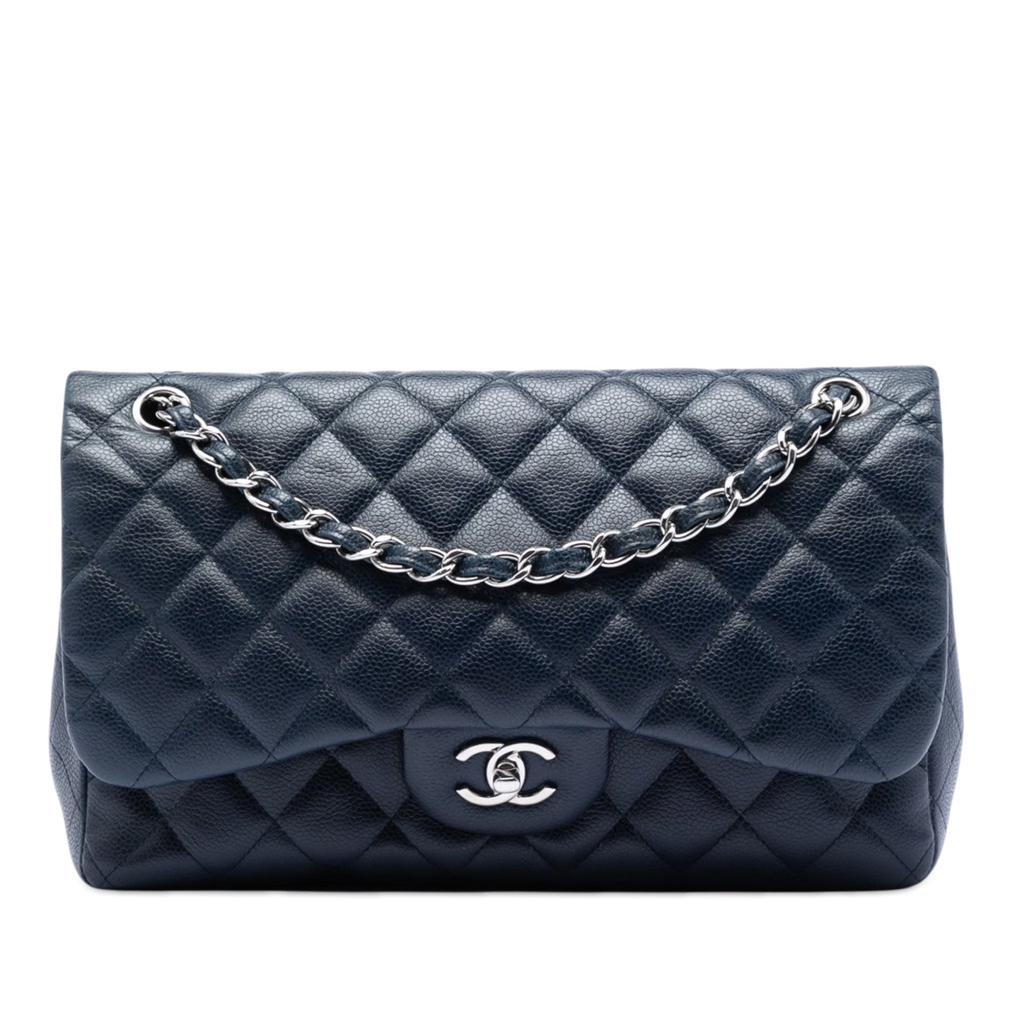 Second hand Chanel Classic Double Flap Jumbo Matelassè Caviar Leather Flap Handbag Blue - Tabita Bags