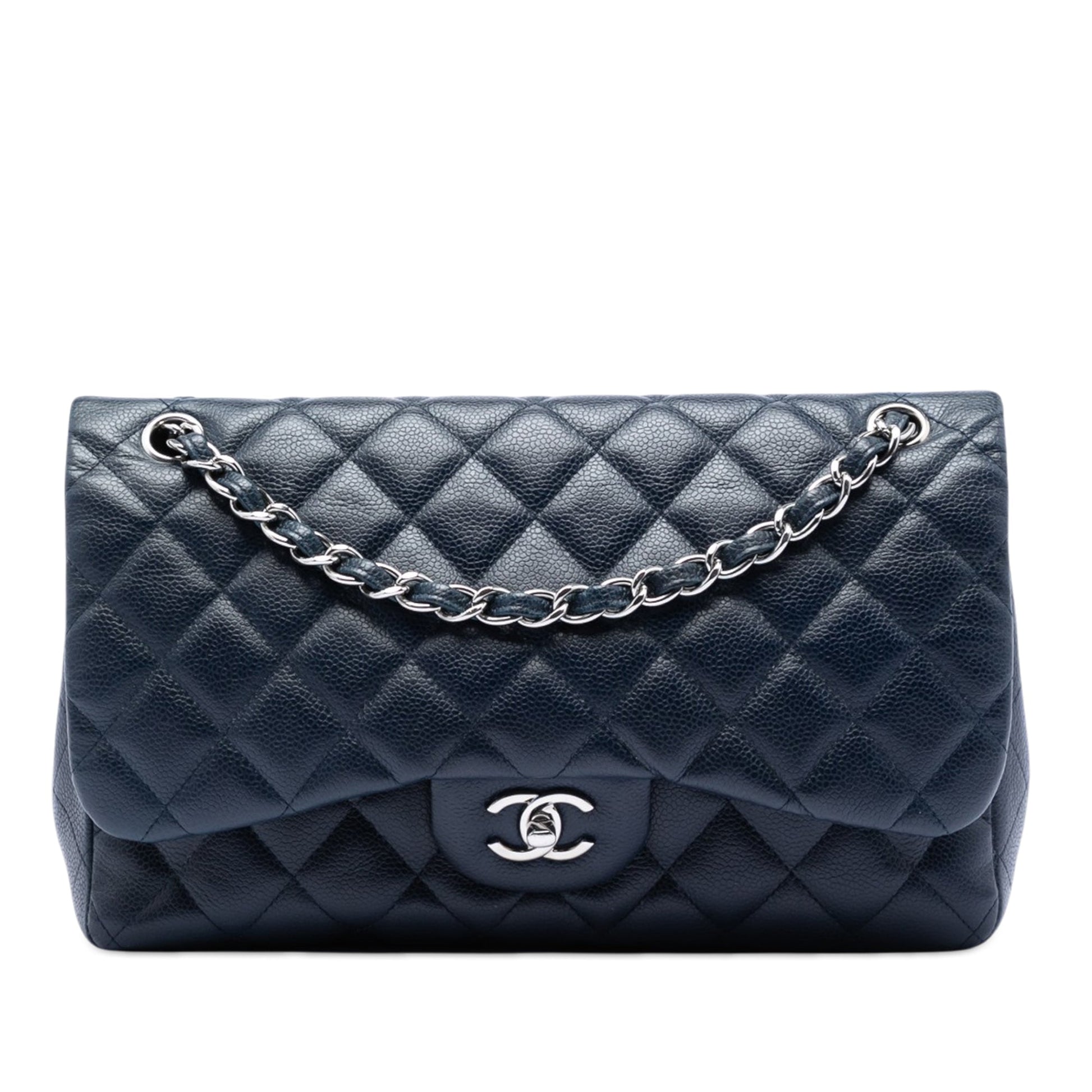 Second hand Chanel Classic Double Flap Jumbo Matelassè Caviar Leather Flap Handbag Blue - Tabita Bags