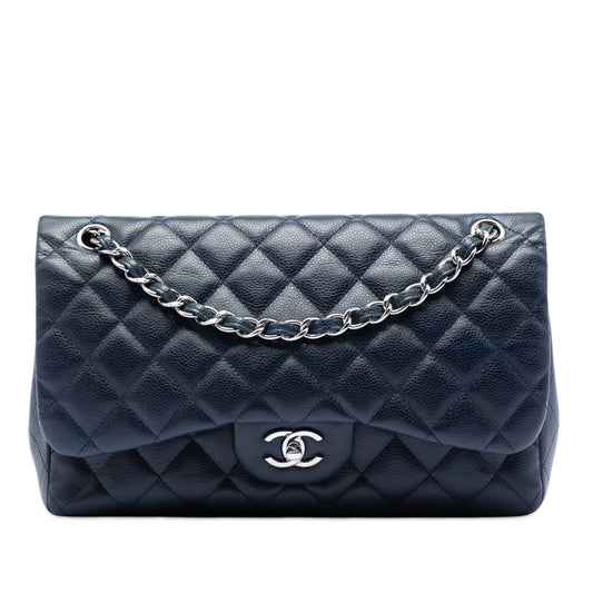 Second hand Chanel Classic Double Flap Jumbo Matelassè Caviar Leather Flap Handbag Blue - Tabita Bags
