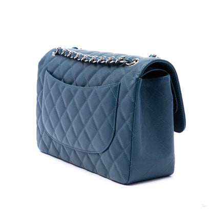 Second hand Chanel Classic Double Flap Jumbo Matelassè Caviar Leather Flap Handbag Blue - Tabita Bags