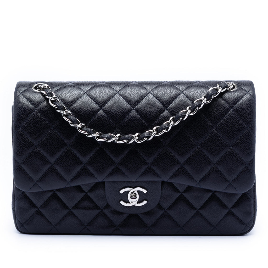 Second hand Chanel Classic Double Flap Jumbo Matelassè Caviar Leather Flap Handbag Blue - Tabita Bags