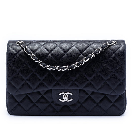 Second hand Chanel Classic Double Flap Jumbo Matelassè Caviar Leather Flap Handbag Blue - Tabita Bags
