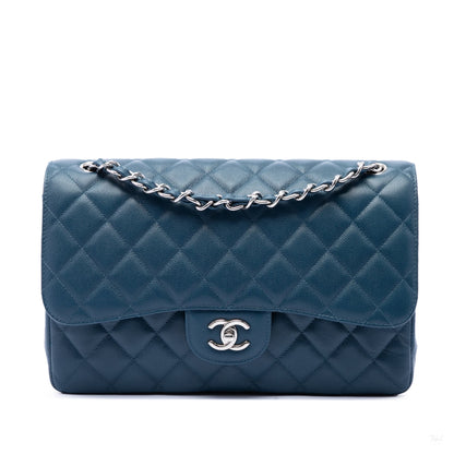 Second hand Chanel Classic Double Flap Jumbo Matelassè Caviar Leather Flap Handbag Blue - Tabita Bags