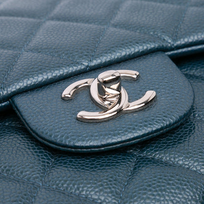 Second hand Chanel Classic Double Flap Jumbo Matelassè Caviar Leather Flap Handbag Blue - Tabita Bags