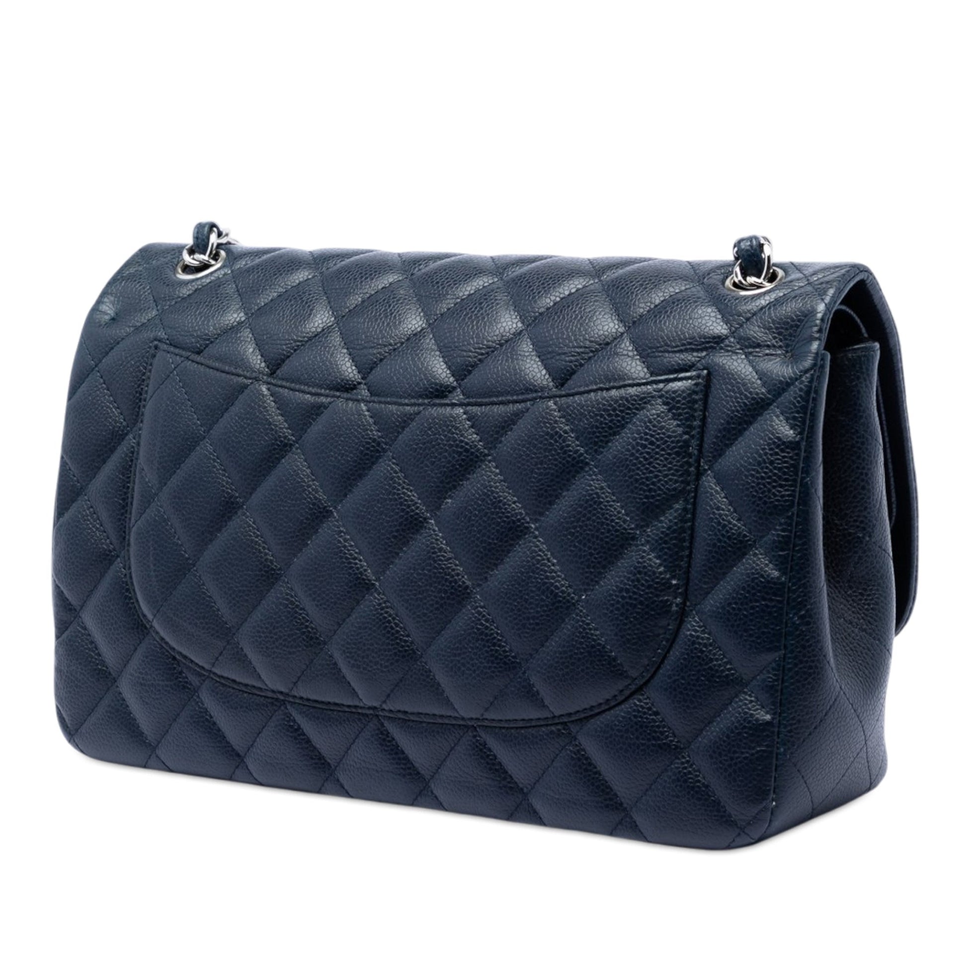 Second hand Chanel Classic Double Flap Jumbo Matelassè Caviar Leather Flap Handbag Blue - Tabita Bags