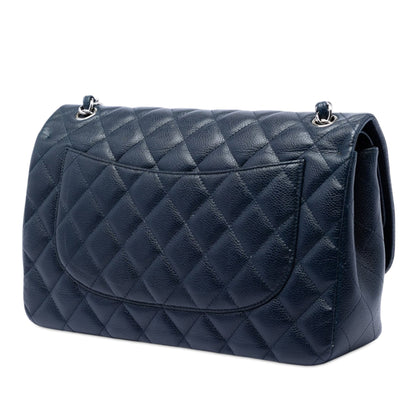 Second hand Chanel Classic Double Flap Jumbo Matelassè Caviar Leather Flap Handbag Blue - Tabita Bags