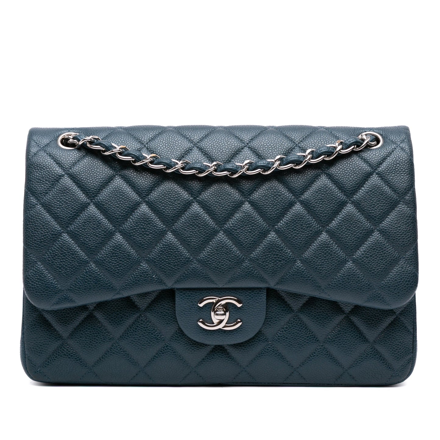 Second hand Chanel Classic Double Flap Jumbo Matelassè Caviar Leather Flap Handbag Blue - Tabita Bags