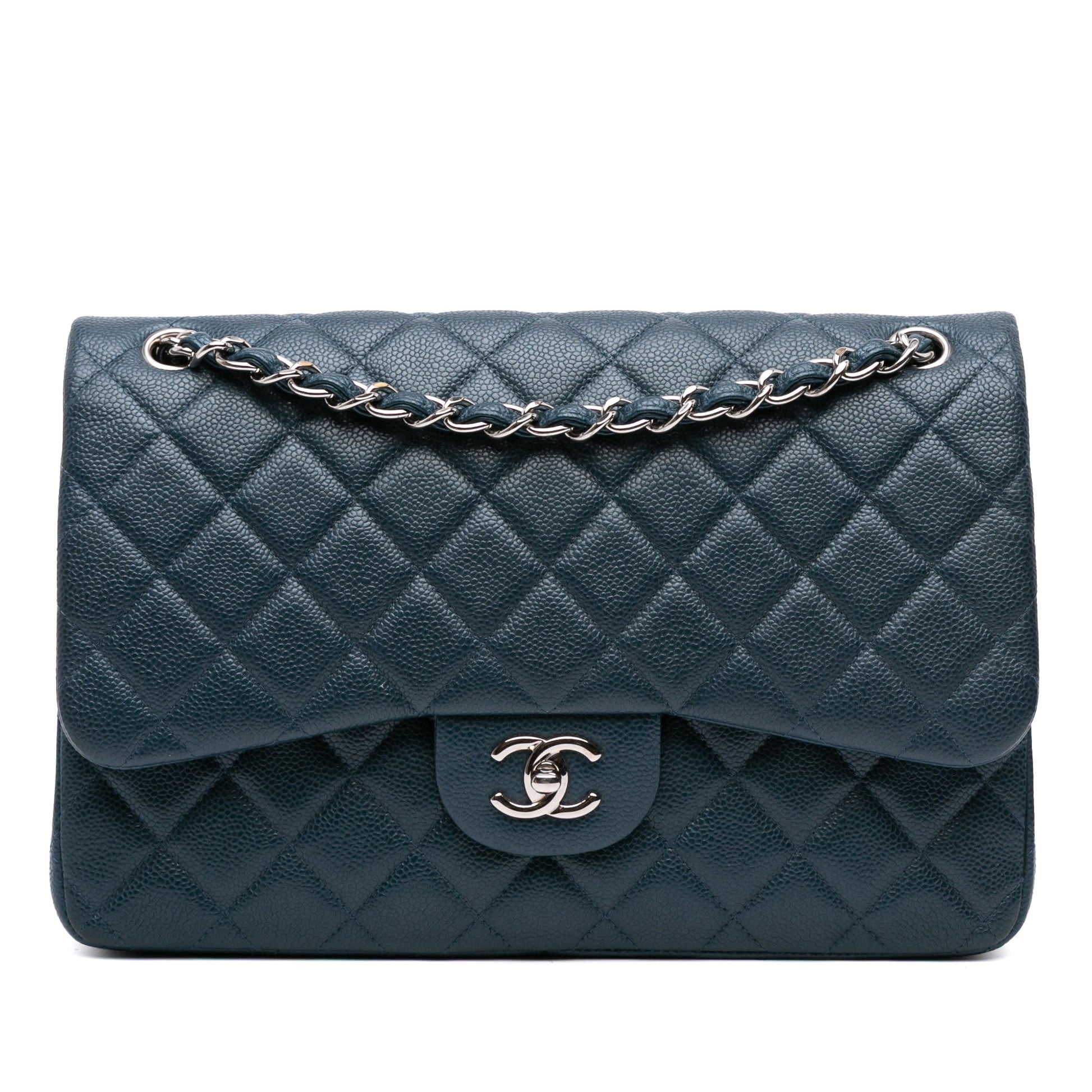 Second hand Chanel Classic Double Flap Jumbo Matelassè Caviar Leather Flap Handbag Blue - Tabita Bags