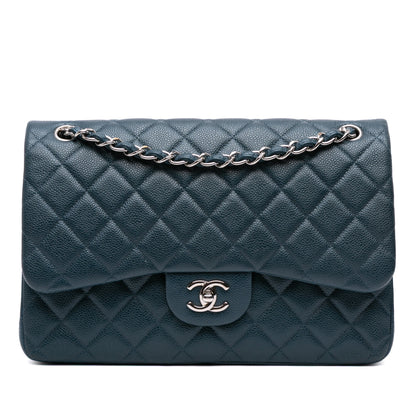 Second hand Chanel Classic Double Flap Jumbo Matelassè Caviar Leather Flap Handbag Blue - Tabita Bags