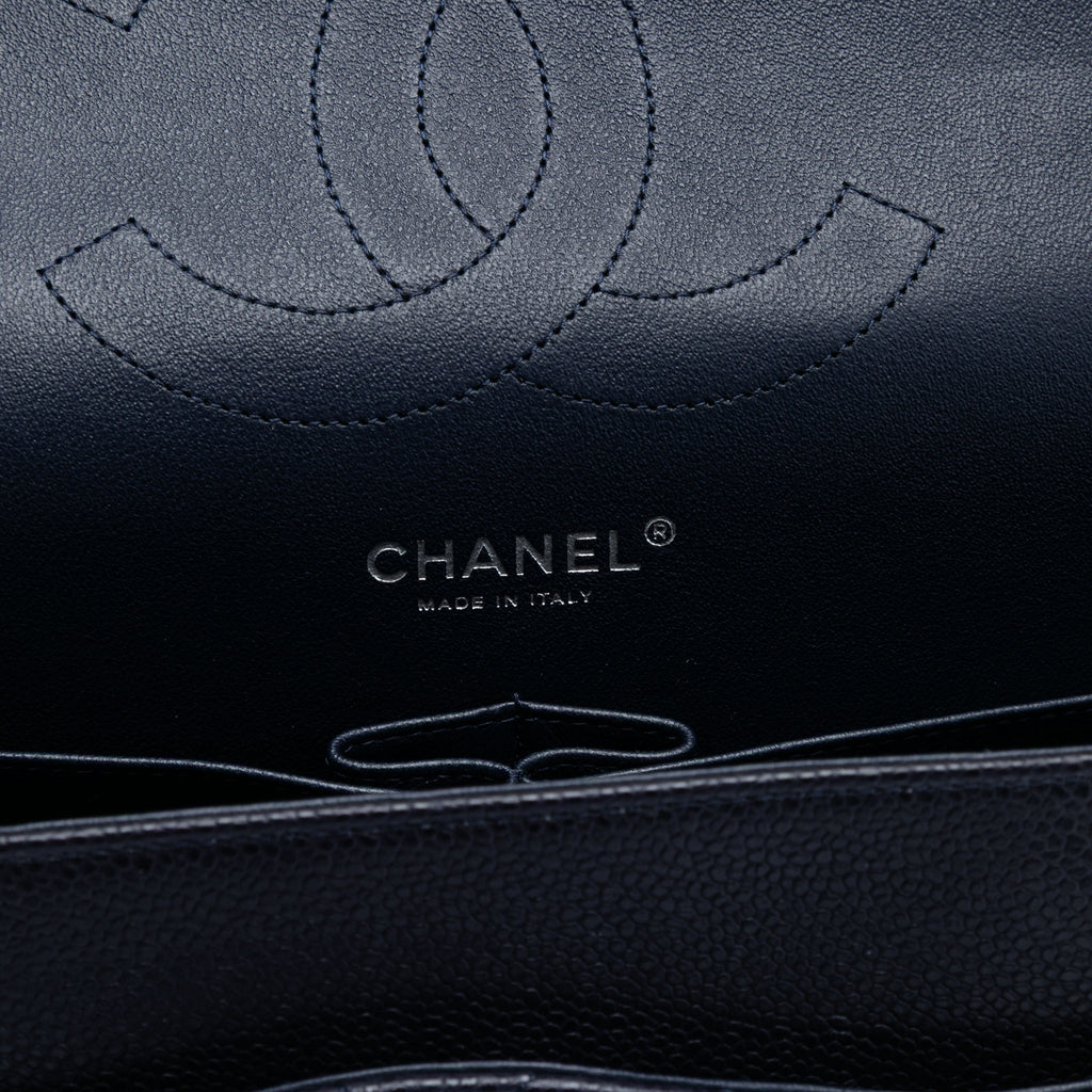 Second hand Chanel Classic Double Flap Jumbo Matelassè Caviar Leather Flap Handbag Blue - Tabita Bags